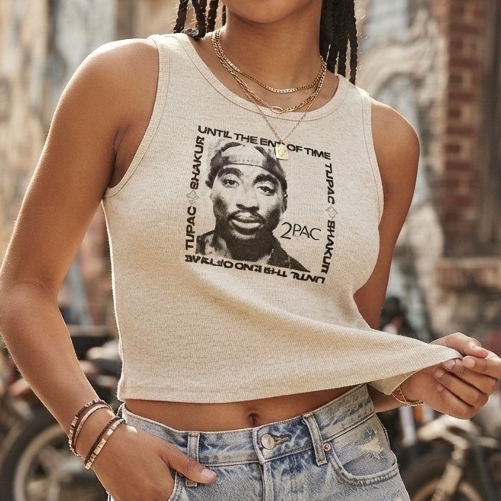 2Pac Tupac Shakur Until the End of Time Ribbed Crop Tank Top Cream Womens Medium